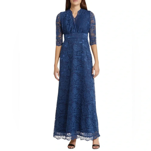 Kiyonna Maria Womens Navy Lace Evening Gown 3/4 Sleeve Scallop Full Length S - Picture 3 of 13